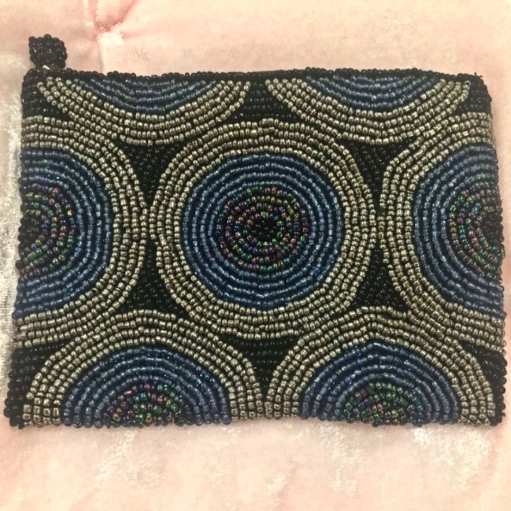 J21-Elegant Beaded Blue, Black, Gold Makeup Bag/Clutch